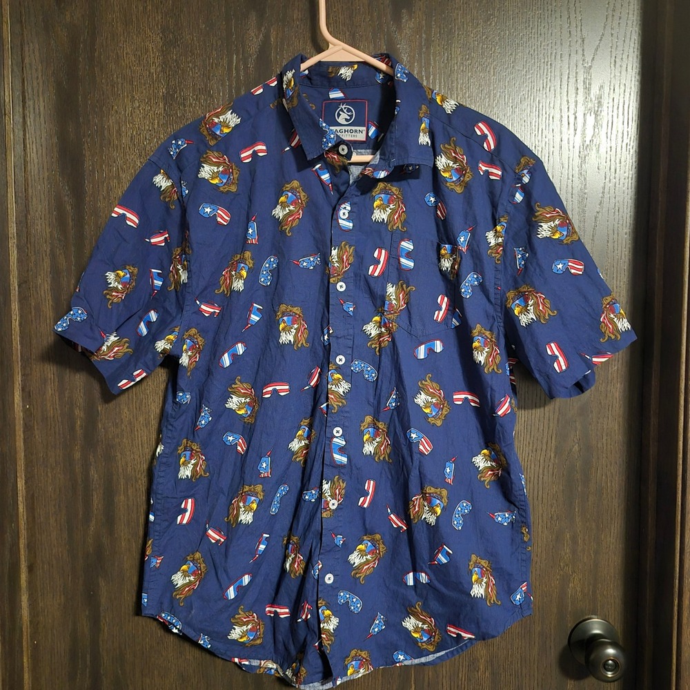 Staghorn Outfitters Mens Large Patriotic Eagle Sunglasses Button Down Shirt Navy